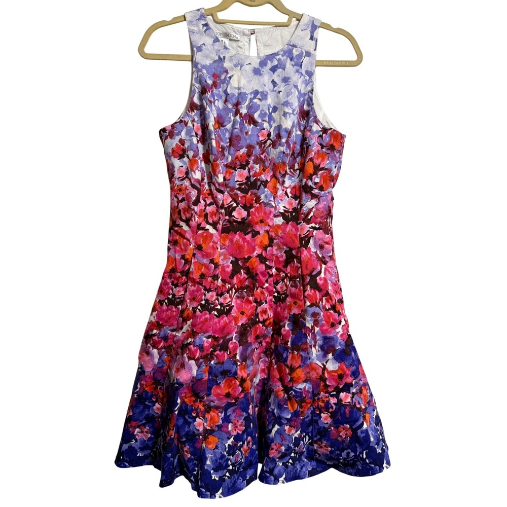 Maggy London Womens Floral Fit Flare Dress Purple Pink Blue Pockets Size 8